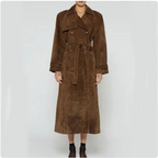 Women's Vintage Double-Breasted Suede Long Coat with Belt
