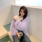 V-neck Furry Loose Knit Mohair Cardigan with Lantern Sleeves