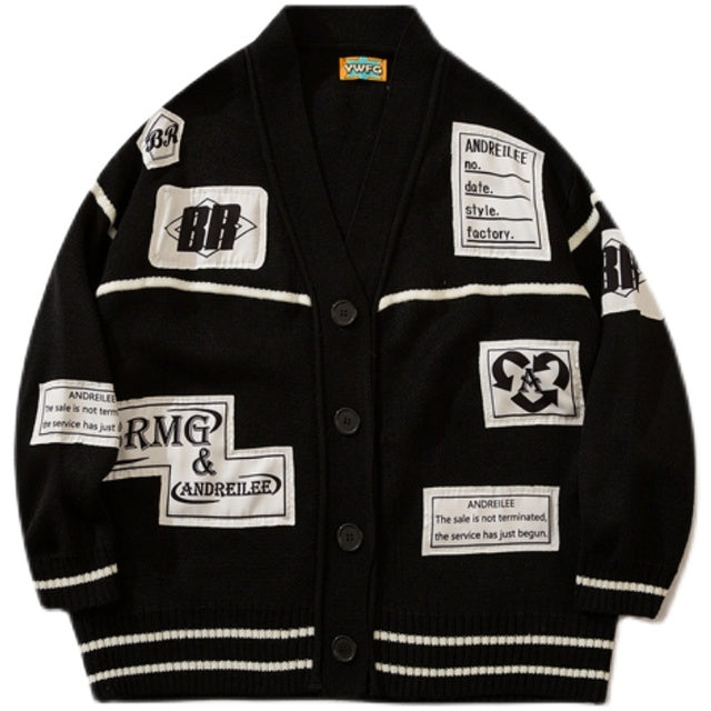Men's Oversized Knitted Cardigan with Letter Print