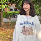 Women's Fleece Hoodie Cardigan with Kitten Print | Streetwear