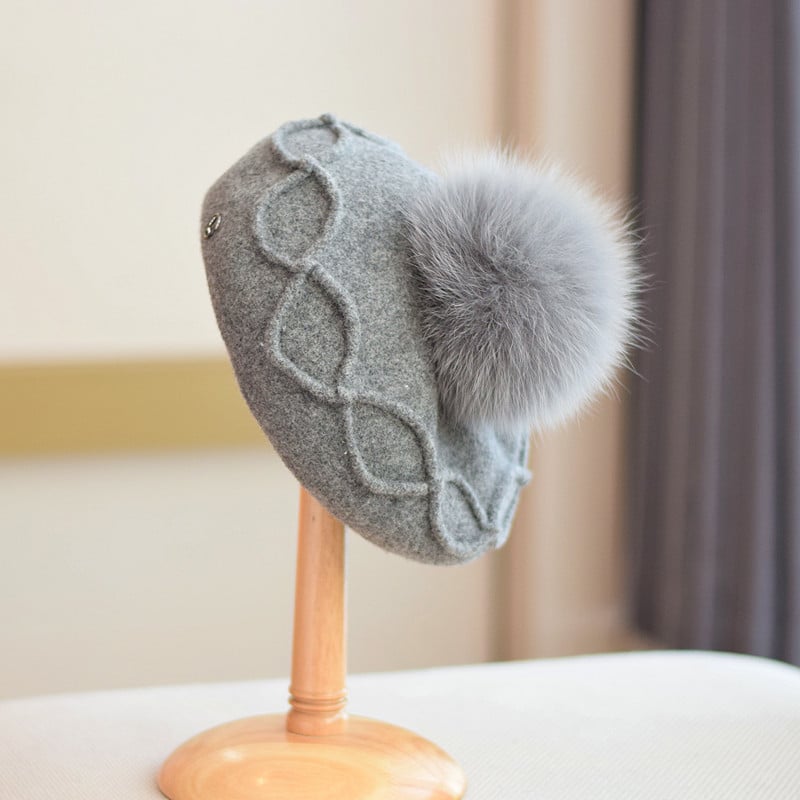 Retro Wool Beret with Fox Fur Ball Accent Hat | Embroidered Cap