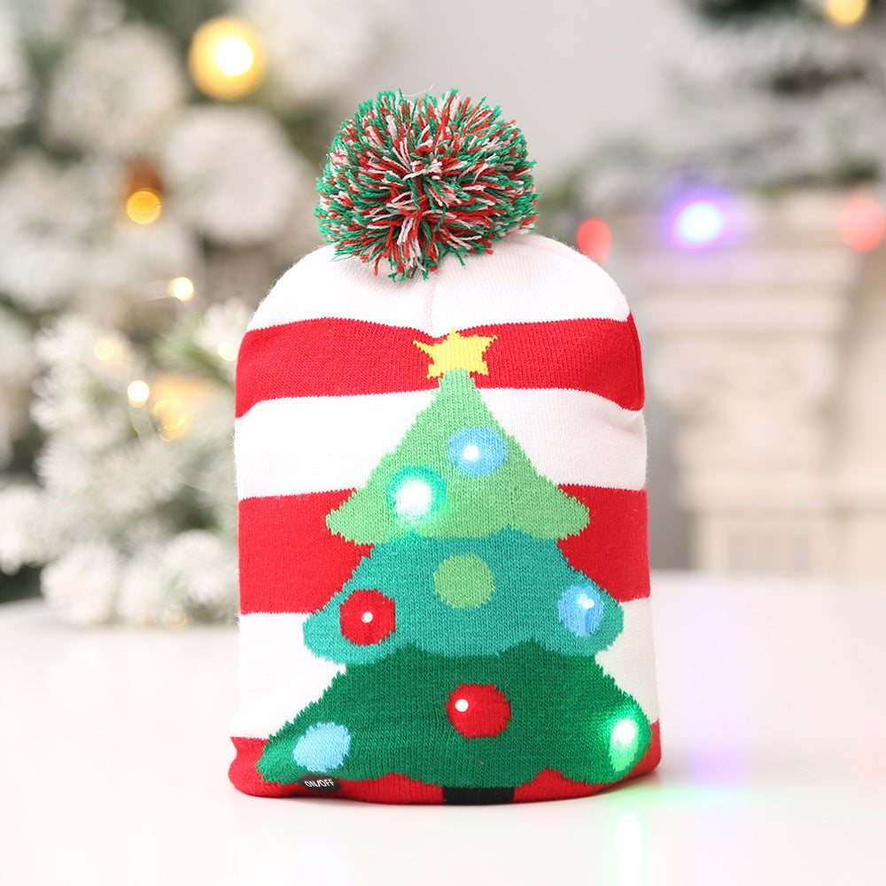 Knitted LED Hat with Christmas Tree and Snowman Design | Embroidered Cap