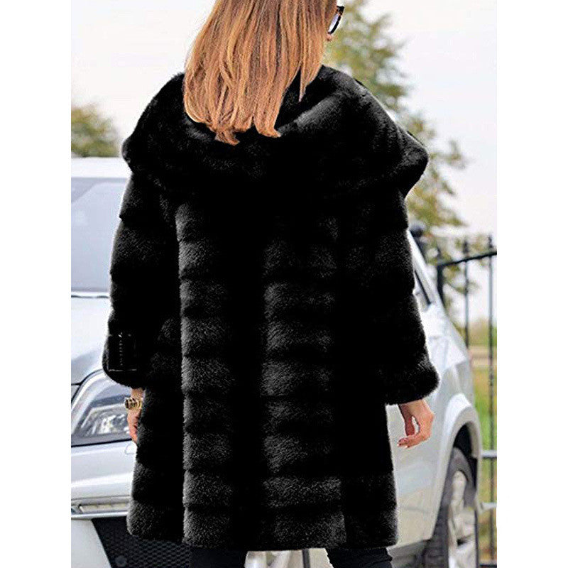 Solid Color Loose Plush Hooded Faux Fur Coat