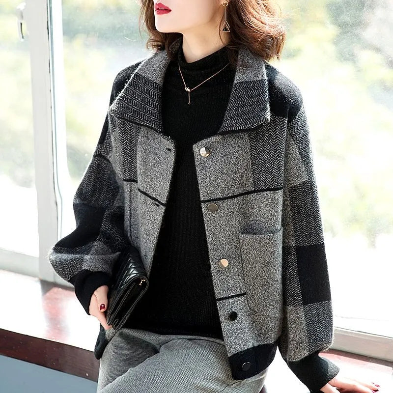 Checkered Woolen Short Coat for Women - 2024 Autumn