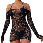 Black Mesh Skirt Lingerie with Off-Shoulder Long Sleeves
