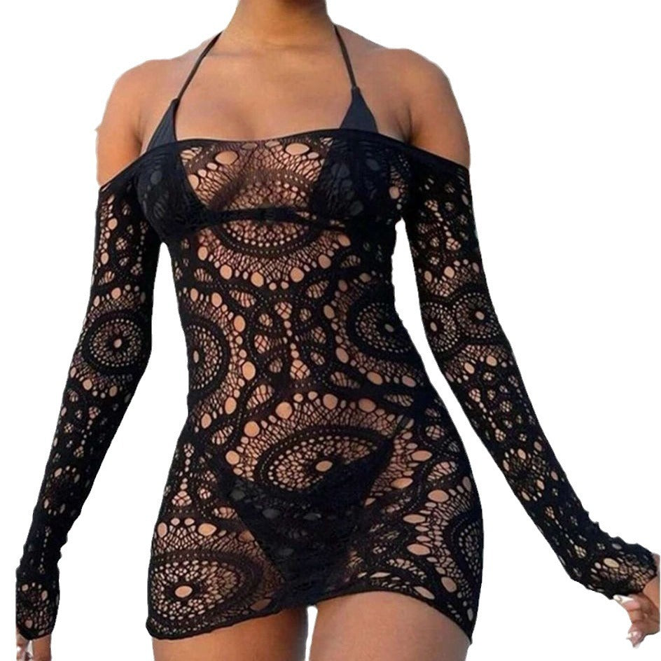 Black Mesh Skirt Lingerie with Off-Shoulder Long Sleeves