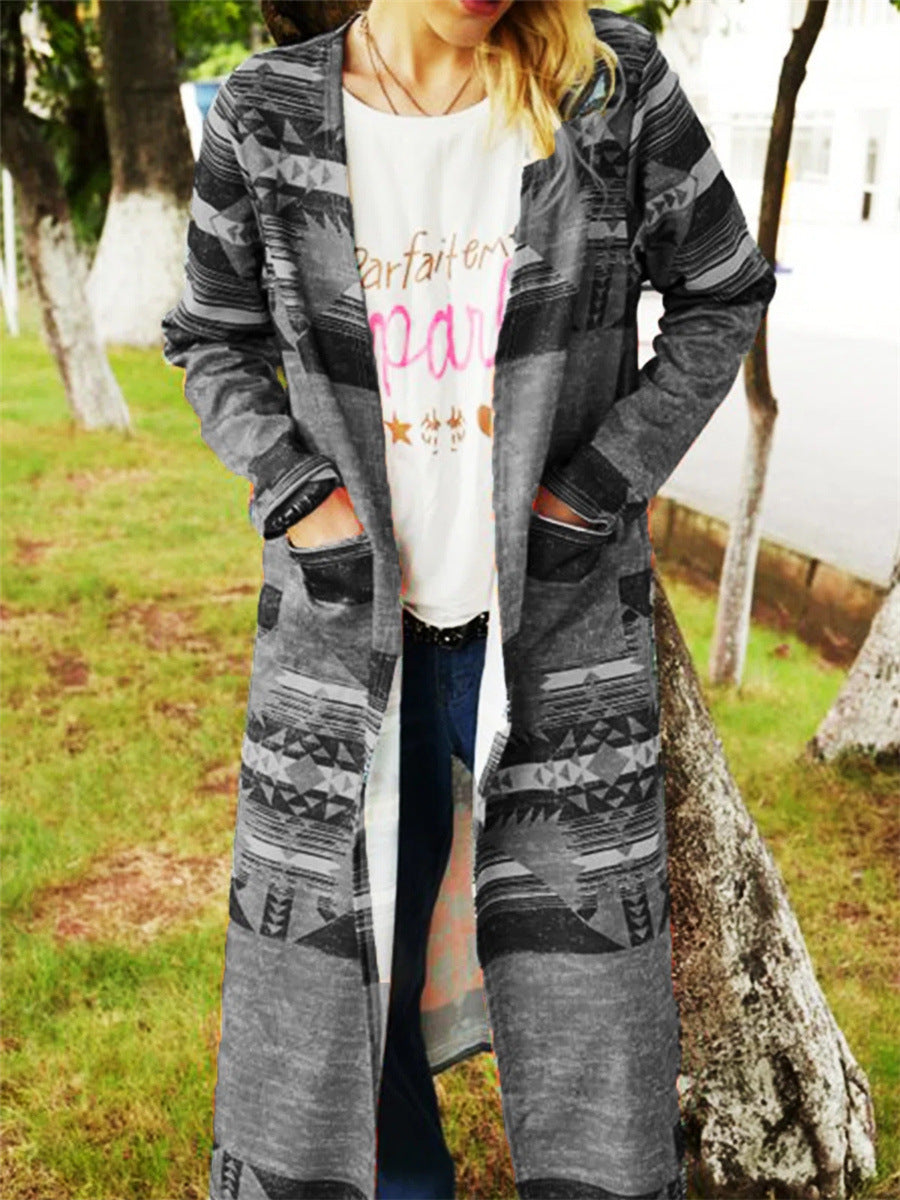 Thick Geometric Print Long Cardigan Trench Coat