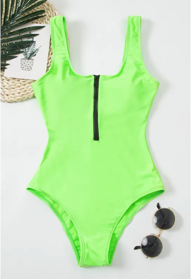 Neon Green Zip-Front One-Piece Swimsuit