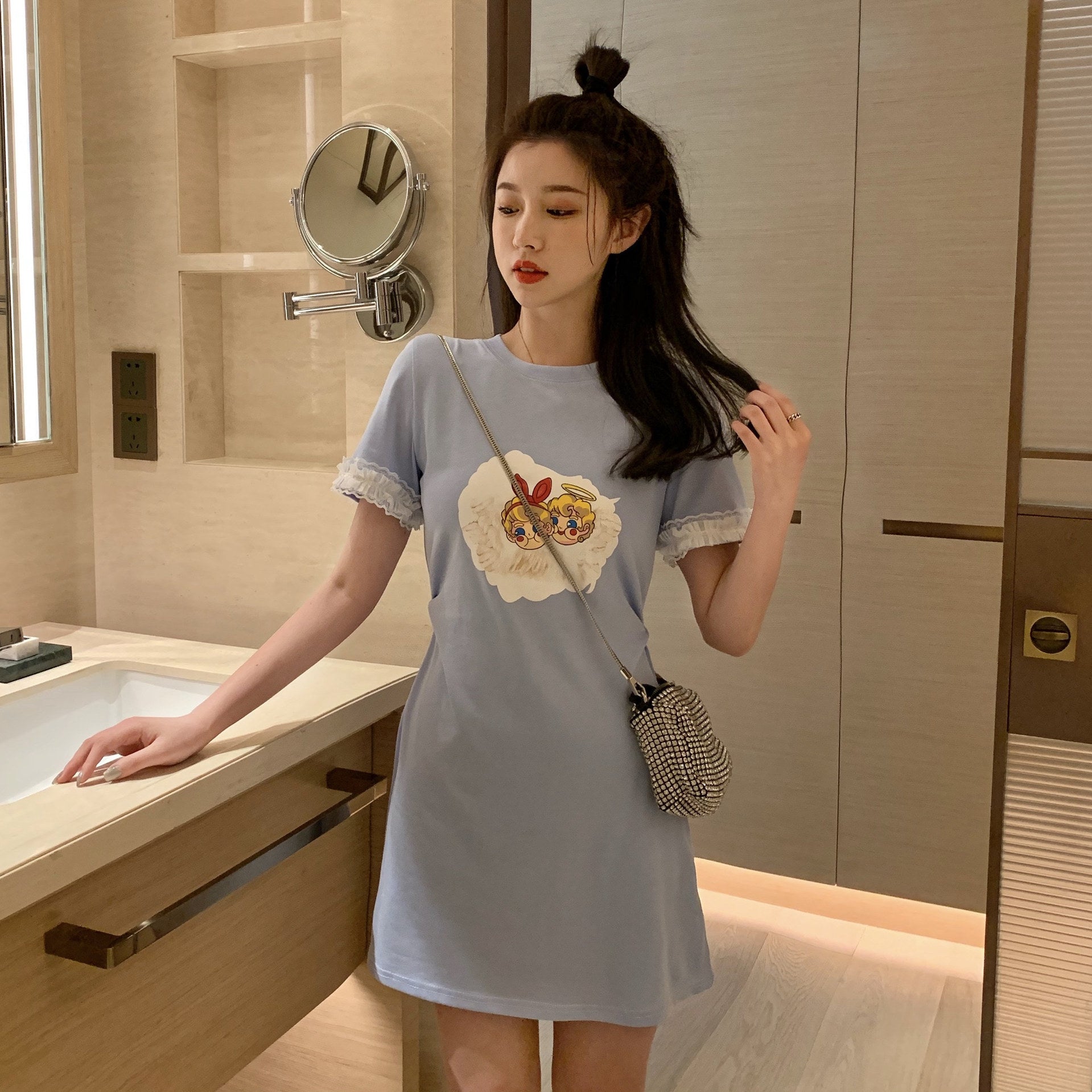 2020 Summer Cute Cartoon Print Lace Trim Dress