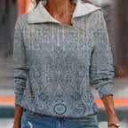 New Women's Digital Print Zippered Sweater with Collar