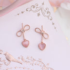 Rose Gold Bow Earrings with Pink Heart Drop