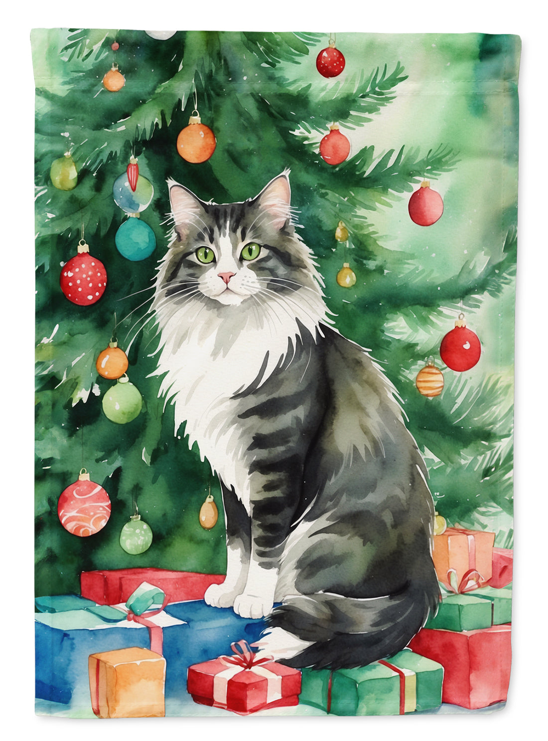 Norwegian Forest Cat By the Christmas Tree House Flag