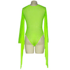 Fluorescent Color Fringe Performance Outfit with Mesh Bodysuit