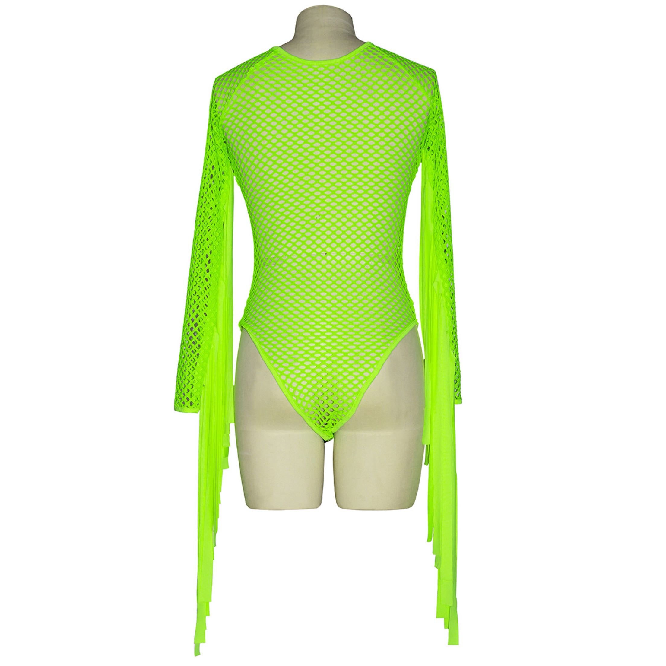 Fluorescent Color Fringe Performance Outfit with Mesh Bodysuit