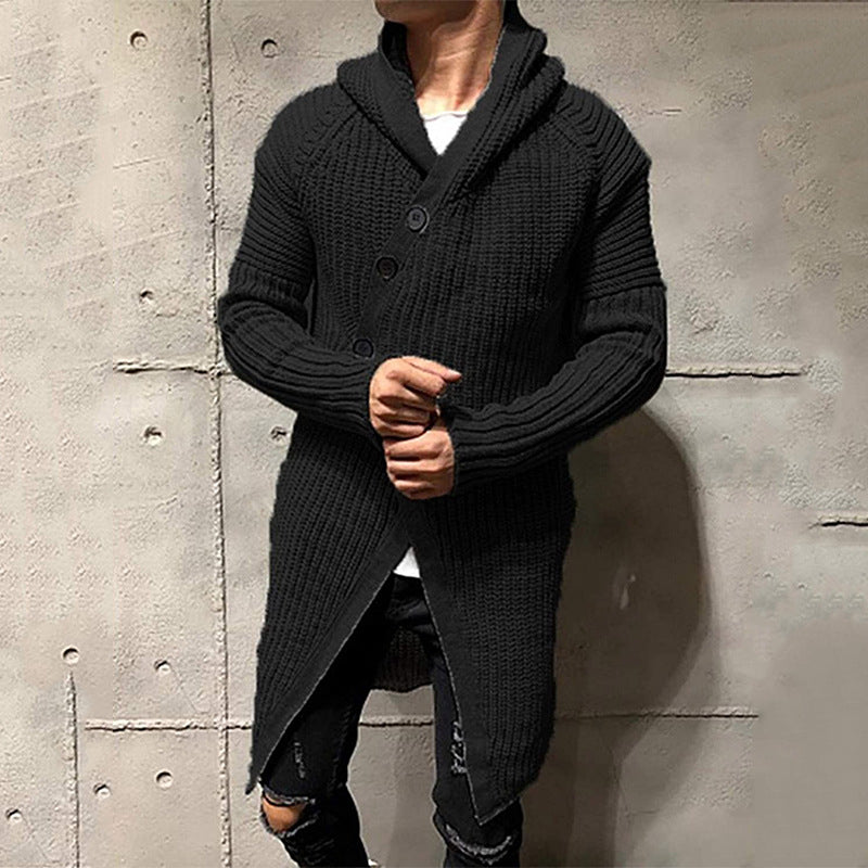 Hooded Long Knit Cardigan in Solid Color Sweater