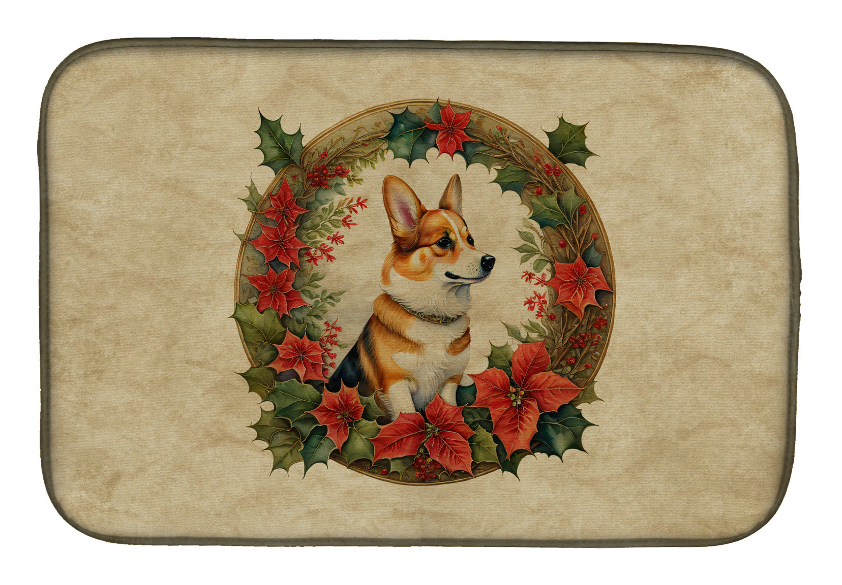 Corgi Christmas Flowers Dish Drying Mat