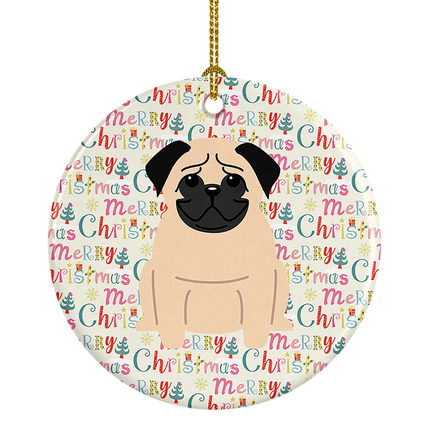 Merry Christmas Pug Fawn Ceramic Ornament