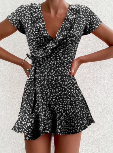 Summer V-Neck Ruffled A-Line Lace Dress