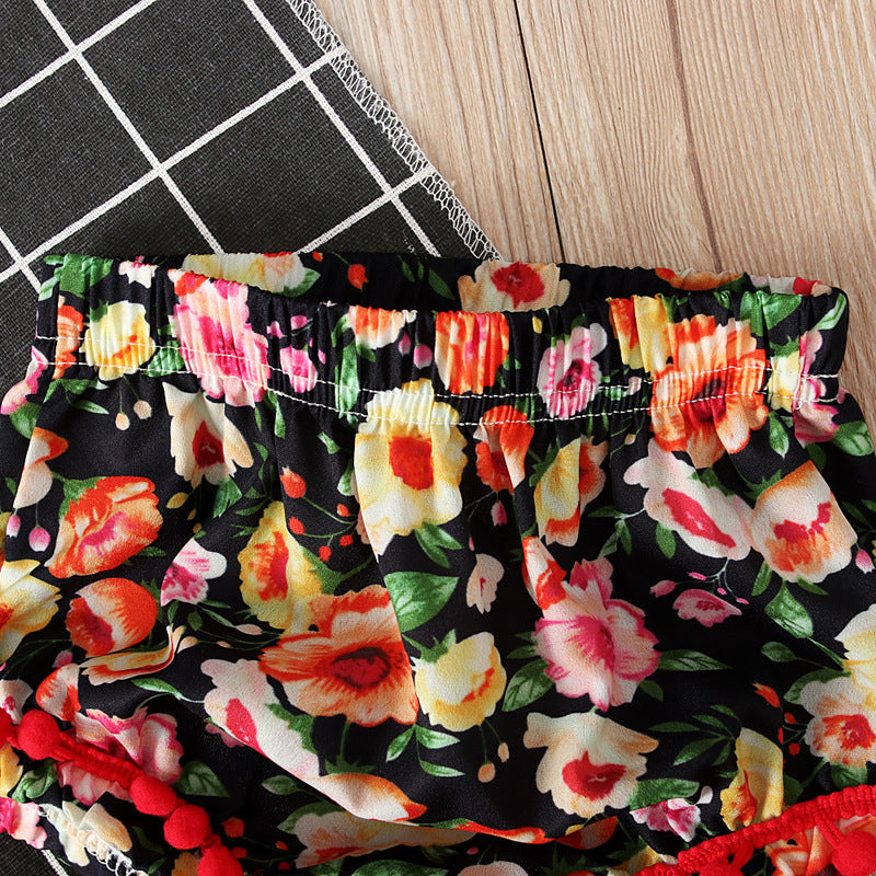 Summer Girls' Short Sleeve Top & Floral Shorts Set