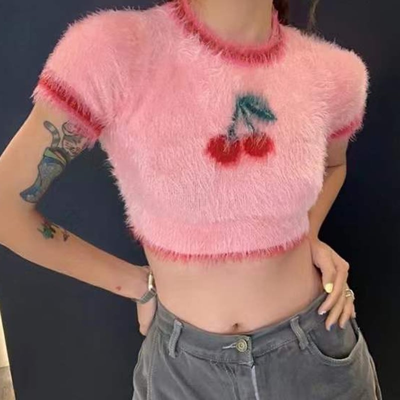 Cute Sweet Spicy Cherry Short Plush Knit Sweater