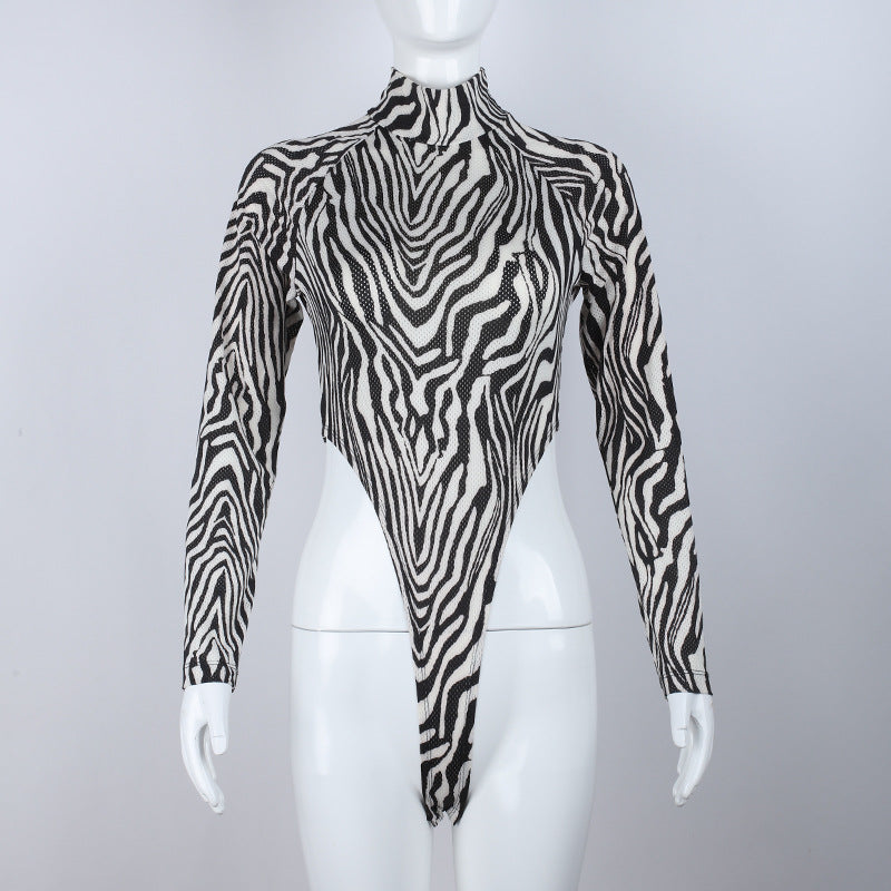 Ins Sexy Zebra Print Bodysuit with High Neck