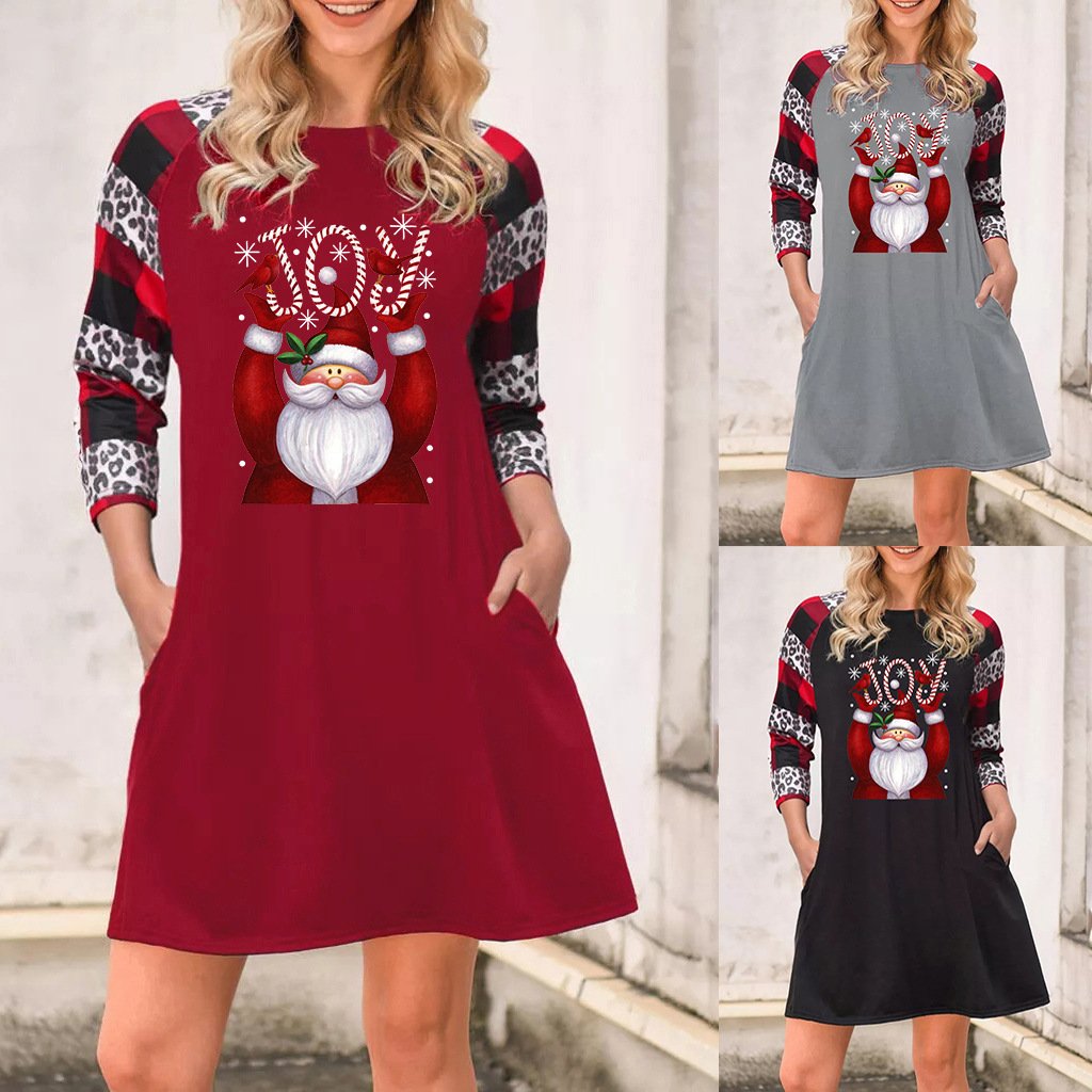 Women's Round Neck Santa Claus Letter Print Dress