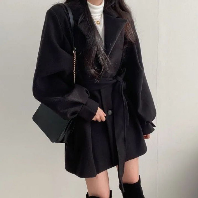 Women's Mid-Length Woolen Wind Coat with Suit Collar