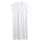 New Cotton Long Dress with Side Slit and Short Sleeves