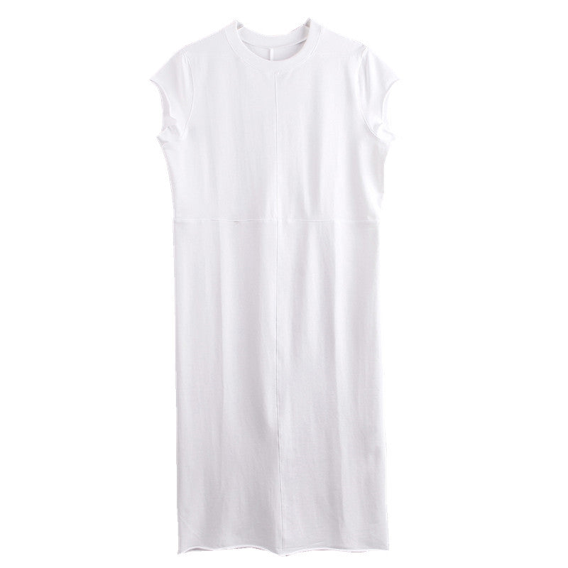 New Cotton Long Dress with Side Slit and Short Sleeves