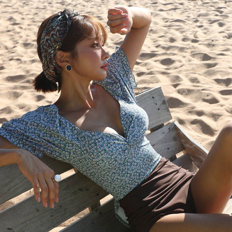 Ins Style Floral Short Sleeve High Waist Bikini Set