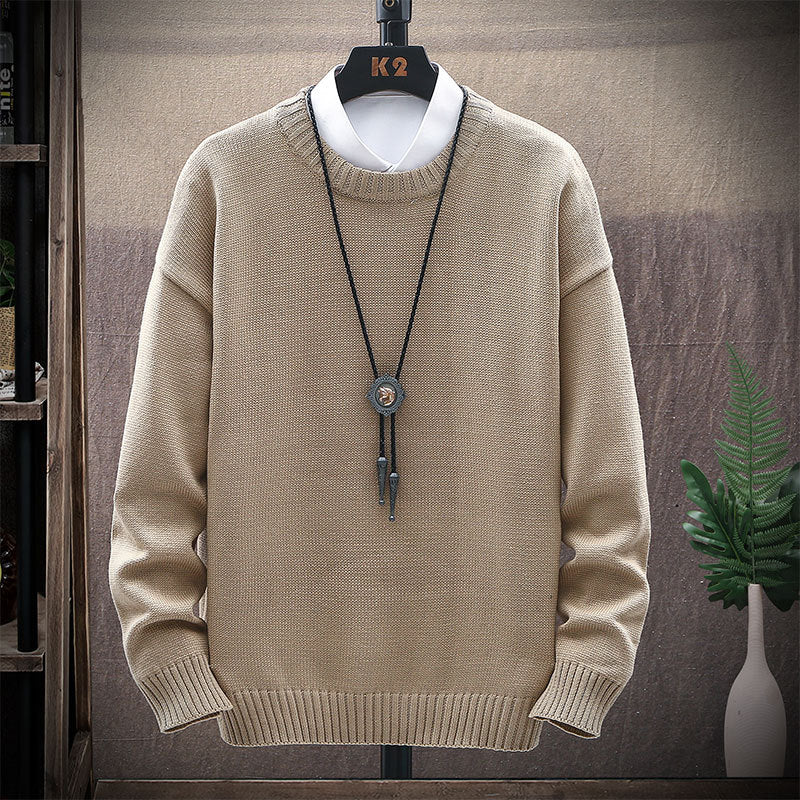 Men's Casual Brown Long-Sleeved Round Neck Sweater