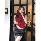Red Floral Sleeveless Turtleneck Top for Women