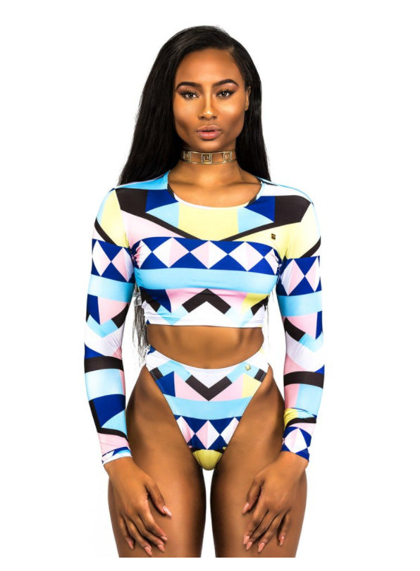 Women's Long Sleeve Printed Bikini with Thong Bottom