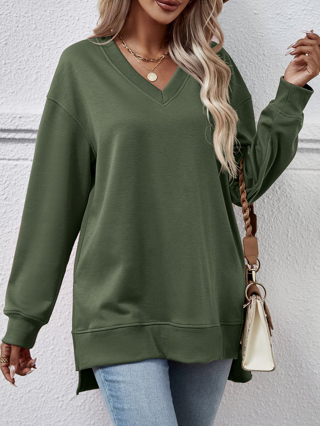 V-neck Solid Color Sweater with Split Front Design