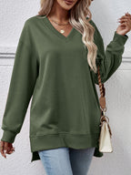 V-neck Solid Color Sweater with Split Front Design