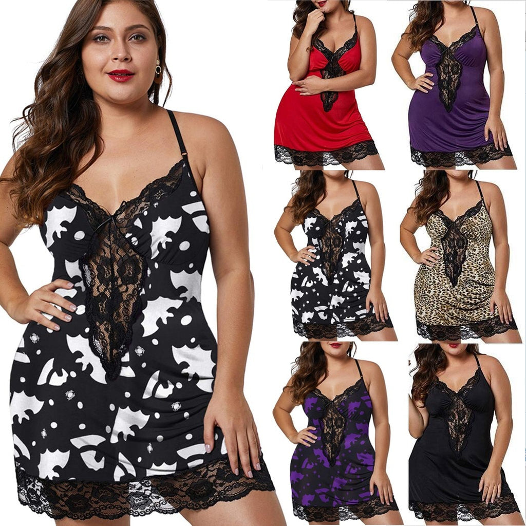 Lace-Trimmed Sexy Cami Nightgown with Pattern (Plus Size)