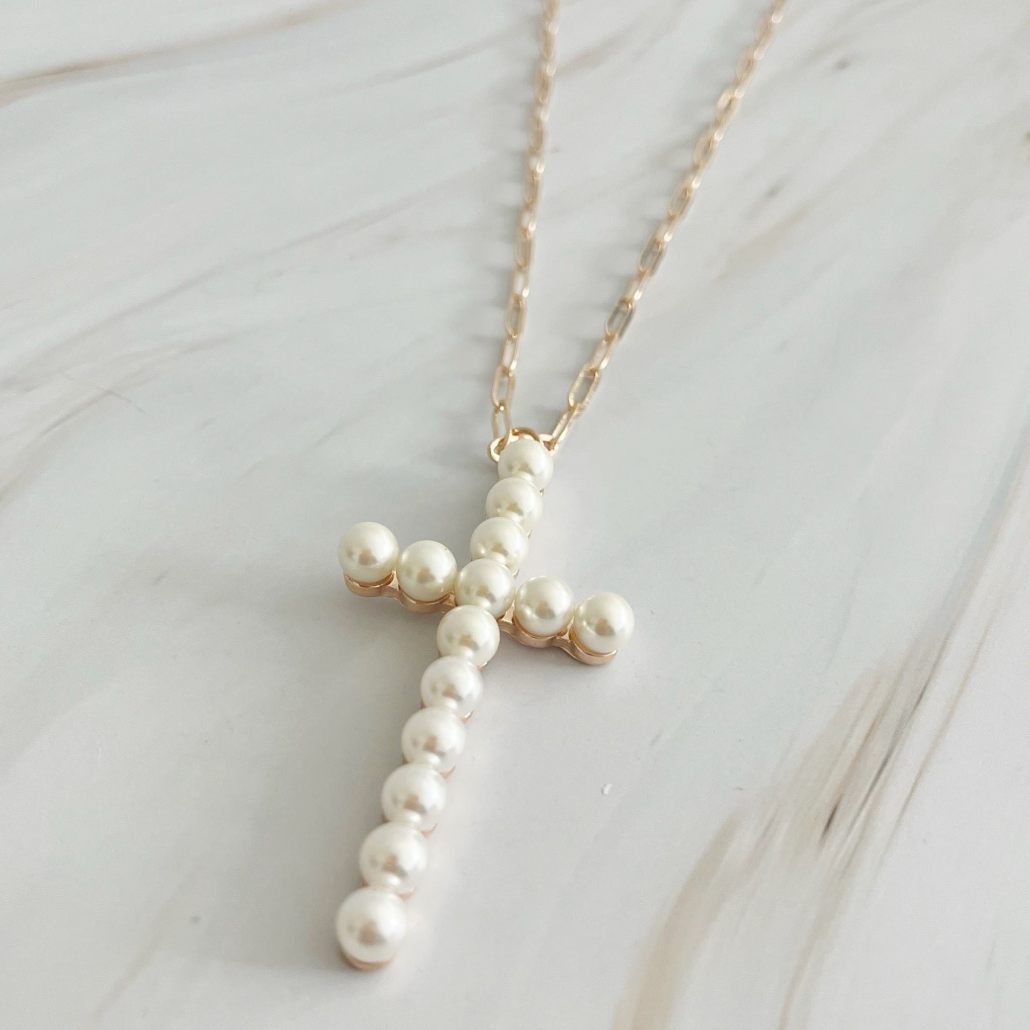 Pearl Cross Pendant Paperclip Chain Necklace