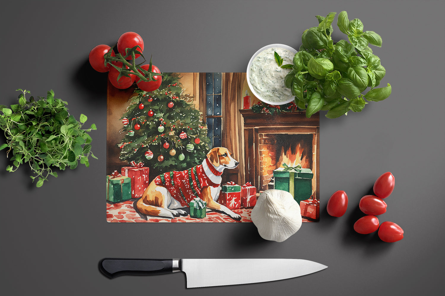 American Foxhound Cozy Christmas Glass Cutting Board