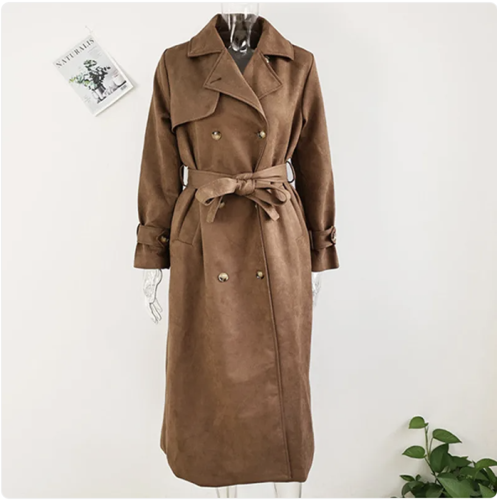 Women's Vintage Double-Breasted Suede Long Coat with Belt