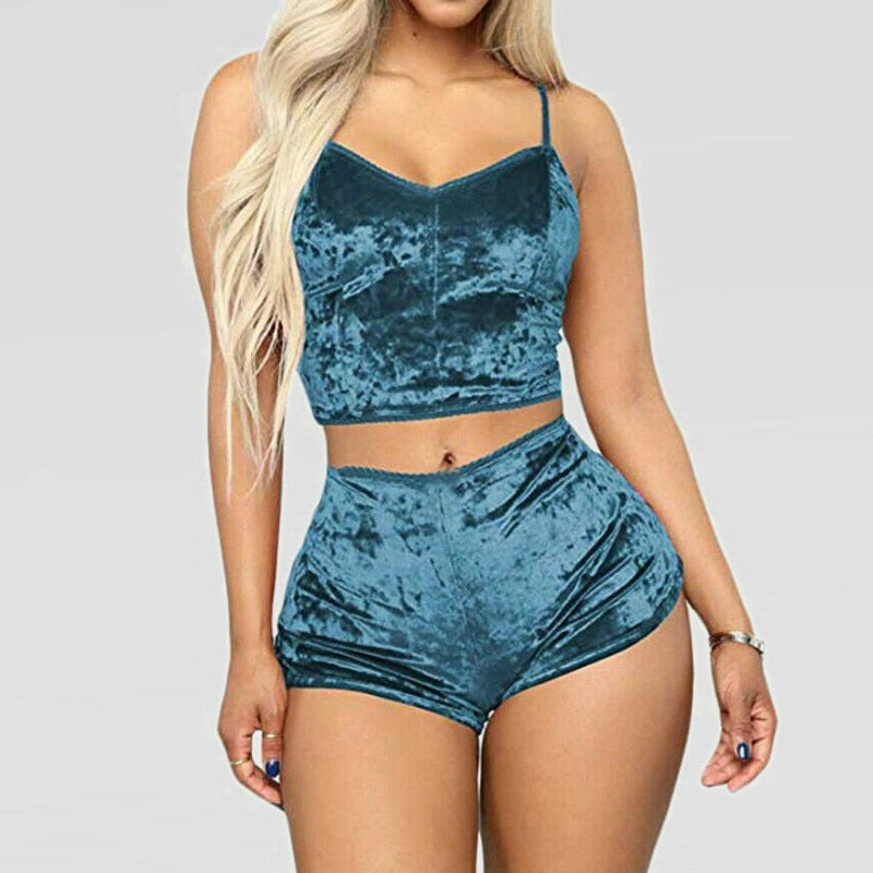 Velvet Sleepwear Set for Women - Spaghetti Strap & Shorts