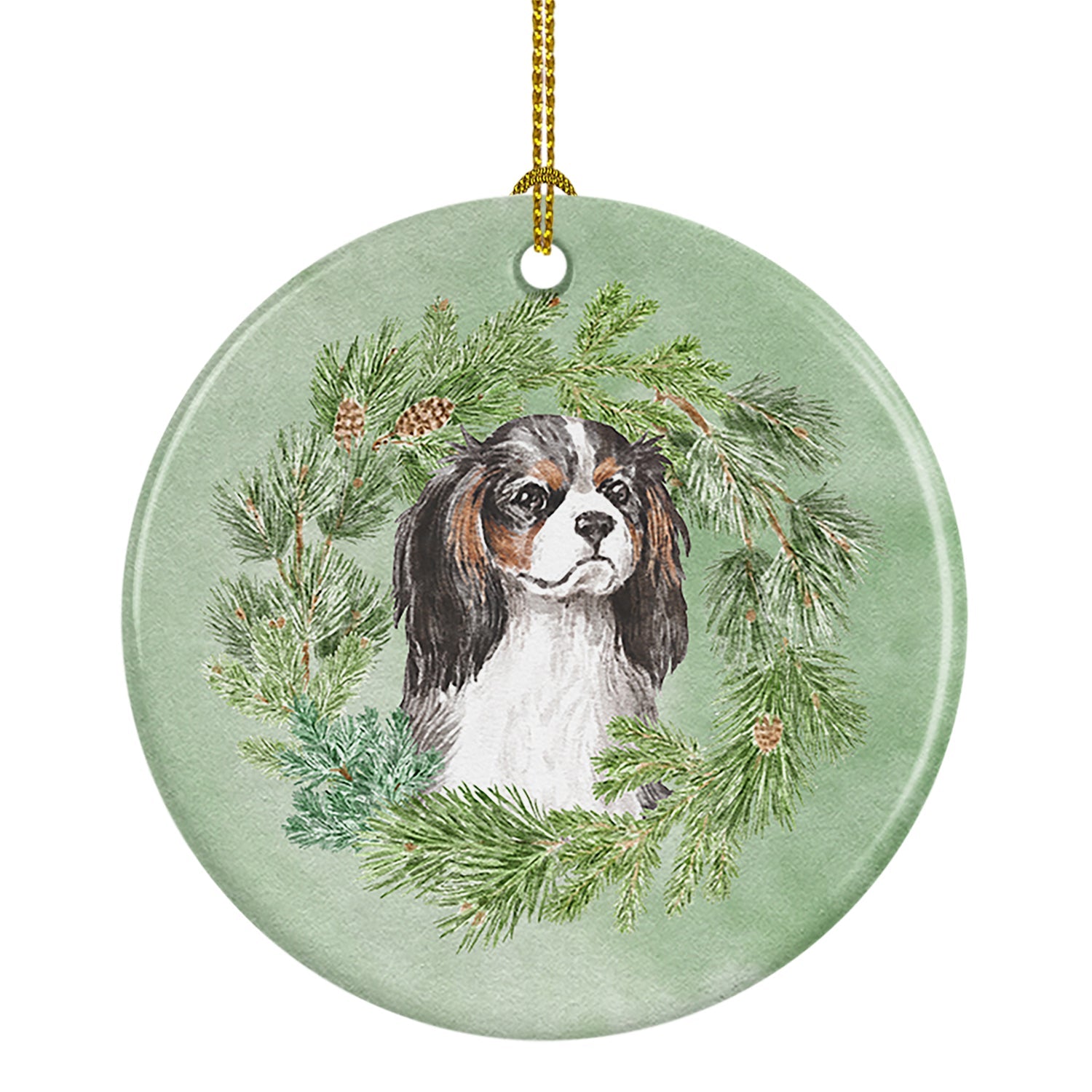 Cavalier Spaniel Tricolor Christmas Wreath Ceramic Ornament