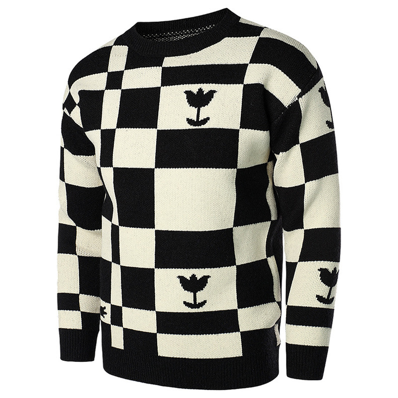 Men's Casual Knit Sweater - Warm Plaid Round Neck Top