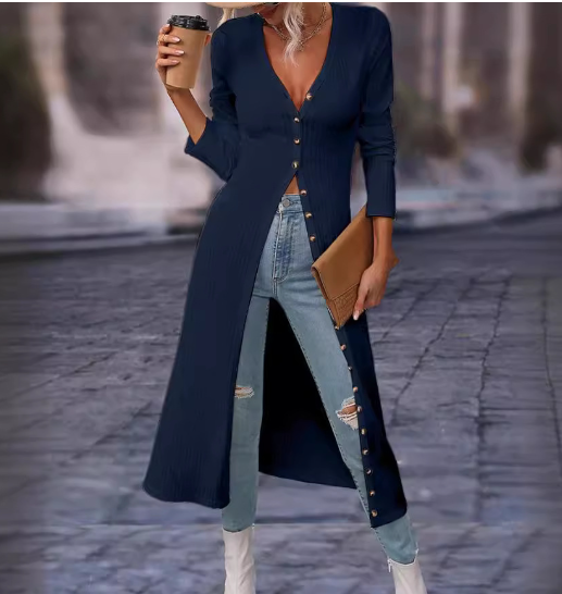 Noami White Slim Fit V-Neck Long Summer Jacket (One Piece)