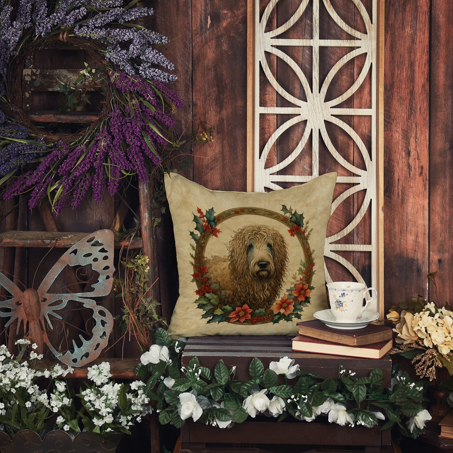 Komondor Christmas Flowers Throw Pillow