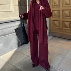 V-Neck Top & Wide Leg Pants Set with Scarf