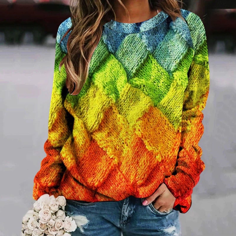 Printed Patchwork Round Neck Long Sleeve Women's Sweater