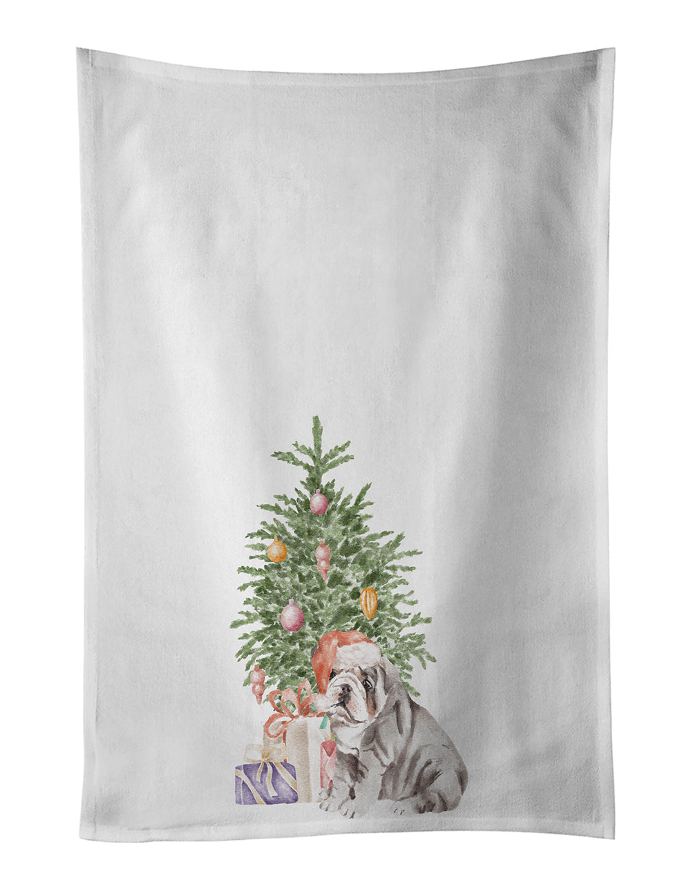 Bulldog, English Bulldog Puppy #2 Christmas Presents and Tree Kitchen Towel Set of 2