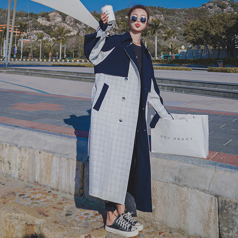 Korean Style Women's Mid-Length Plaid Windbreaker Coat