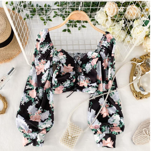 2020 Spring Vintage Floral Off-Shoulder Crop Top