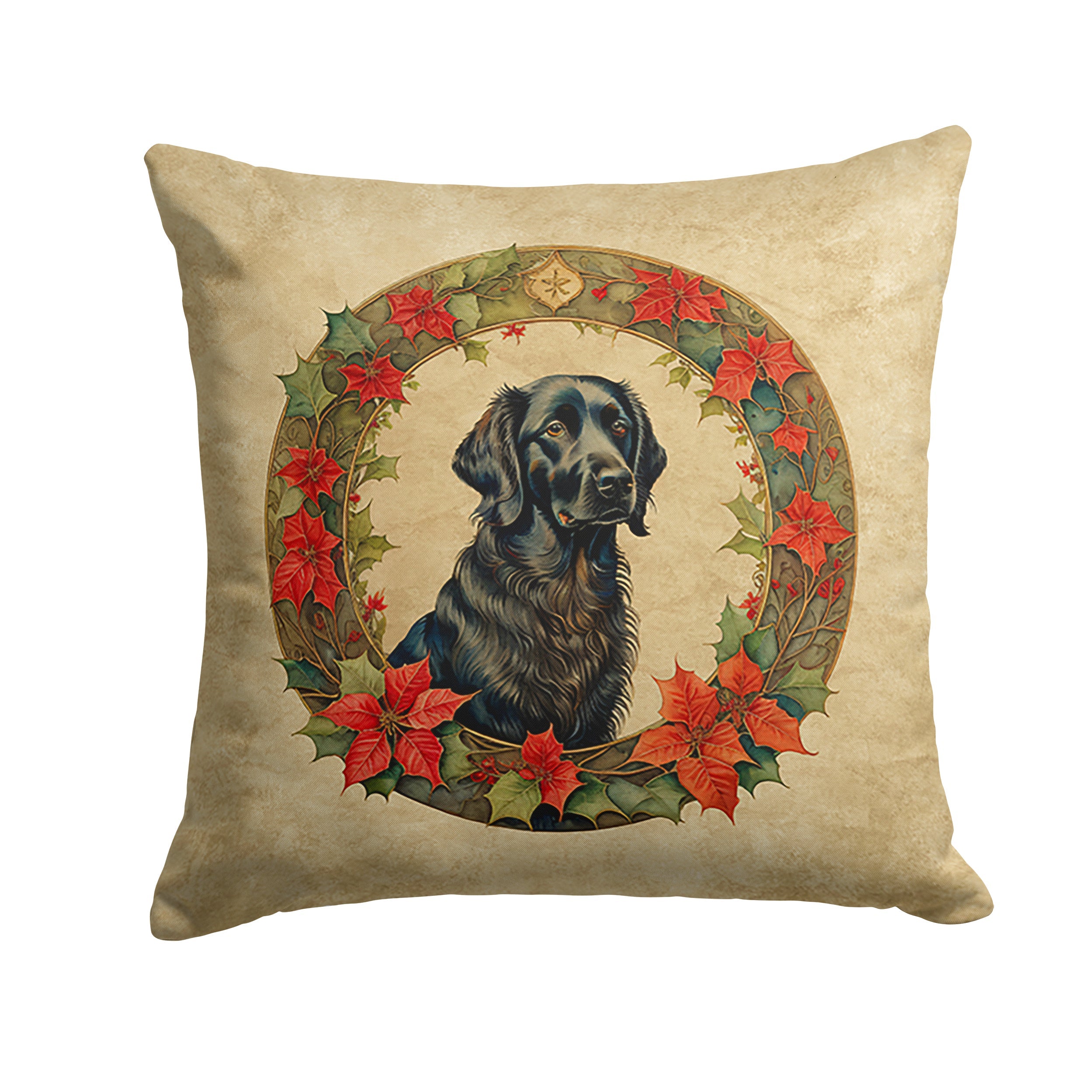 Flat-Coated Retriever Christmas Flowers Throw Pillow